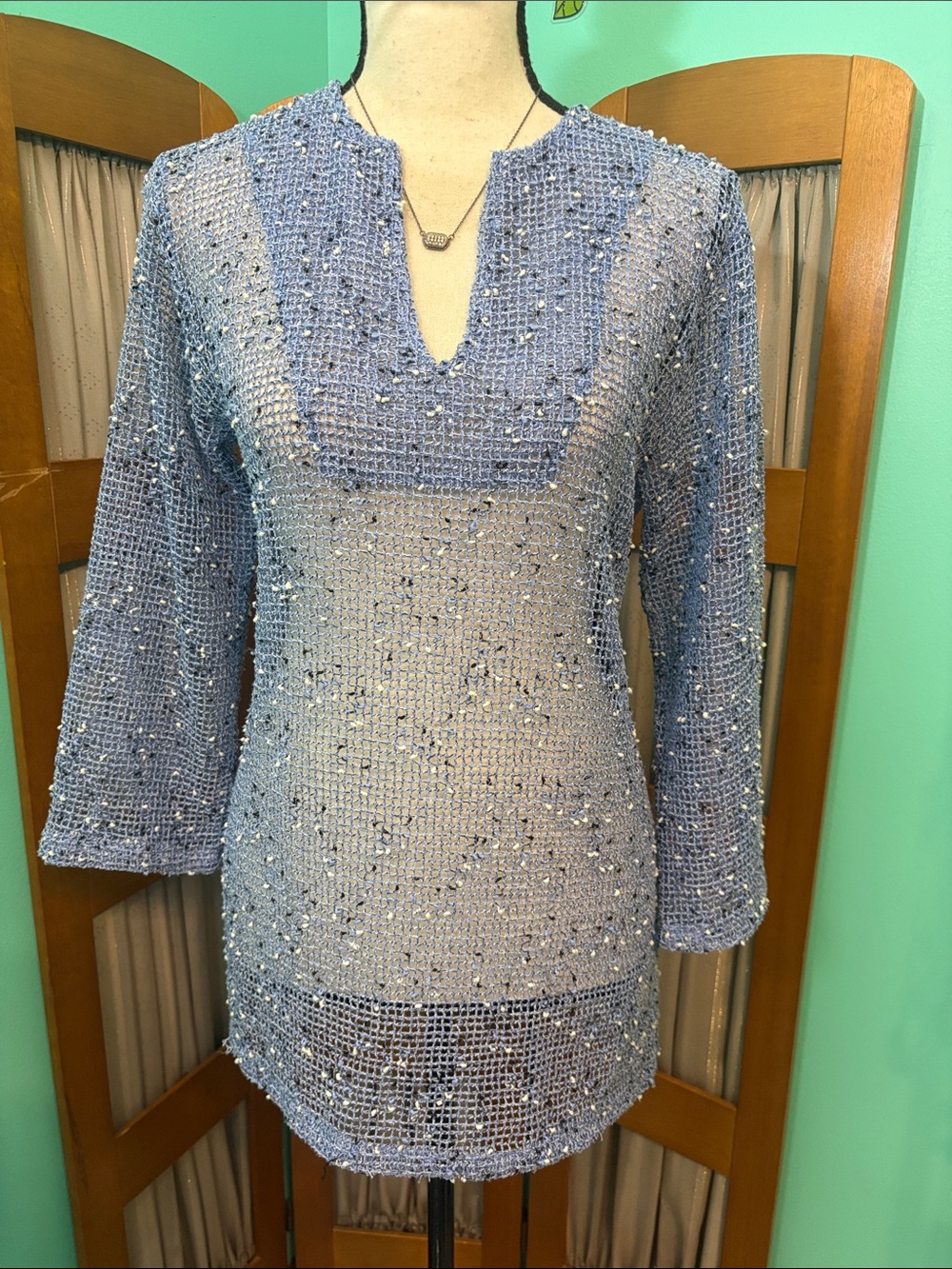 Lulu-B Mesh Knit crocheted V neck Long Sleeve Tunic